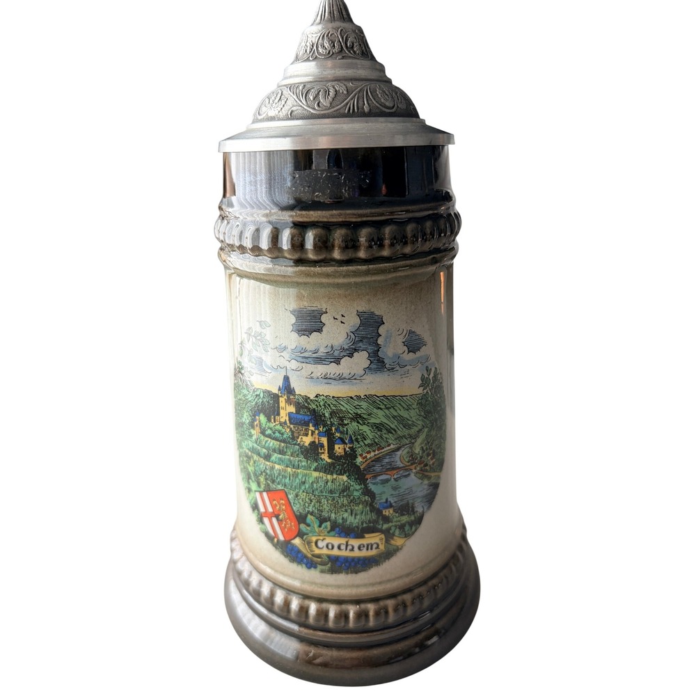 Handarbeit German Beer Stein 7 1/2" Tall Grey Cochem Castle Handmade Pewter Lid